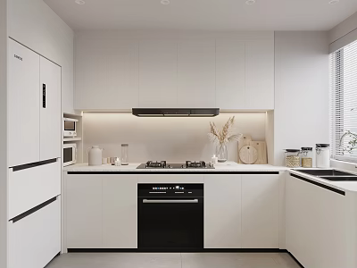 Modern White Kitchen Interior With White Cabinets Black Appliances And Countertop 3d model