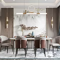 Elegant Modern Restaurant Interior With Marble Dining Table Chairs Pendant Lights And Wall Mural