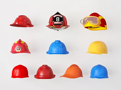 Various Colored Firefighter Helmets And Safety Hats With Different Styles 3d model