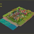 Rural Natural Scene With Lush Green Grass Trees Scattered Farmhouses Cropland And River