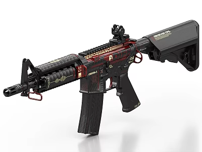 Modern Tactical Rifle With Black Red Color Scheme Wooden Grip Golden Lettering And Scope Attachment 3d model