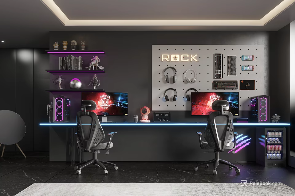 Contemporary Entertainment Room Setup With Dual Gaming Chairs Headphone Display ROCK Sign And Neon Lights 3d model 