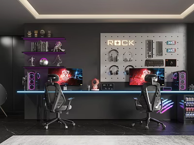 Contemporary Entertainment Room Setup With Dual Gaming Chairs Headphone Display ROCK Sign And Neon Lights 3d model
