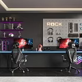 Contemporary Entertainment Room Setup With Dual Gaming Chairs Headphone Display ROCK Sign And Neon Lights