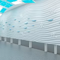 Water Themed Exhibition Hall Interior With Droplet Patterned Walls Blue Ceiling And Stairs