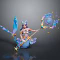 Mermaid Woman With Blue Tail Holding Magical Staff And Floating Stars Bubbles