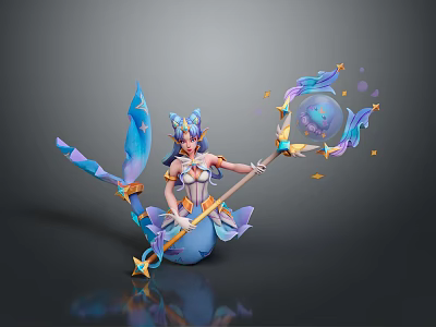 Mermaid Woman With Blue Tail Holding Magical Staff And Floating Stars Bubbles 3d model Mermaid Woman With Blue Tail Holding Magical Staff And Floating Stars Bubbles 3d model
