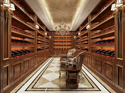 Luxurious Wine Cellar Interior With Wooden Racks Wine Bottles Chandelier And Tile Floor 3d model