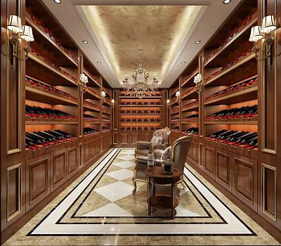 Luxurious Wine Cellar Interior With Wooden Racks Wine Bottles Chandelier And Tile Floor 3d model