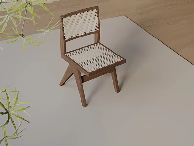 Natural Wooden Leisure Chair with Woven Seat and Back in Light Rug and Green Plants 3d model