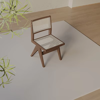 Natural Wooden Leisure Chair with Woven Seat and Back in Light Rug and Green Plants 3d model