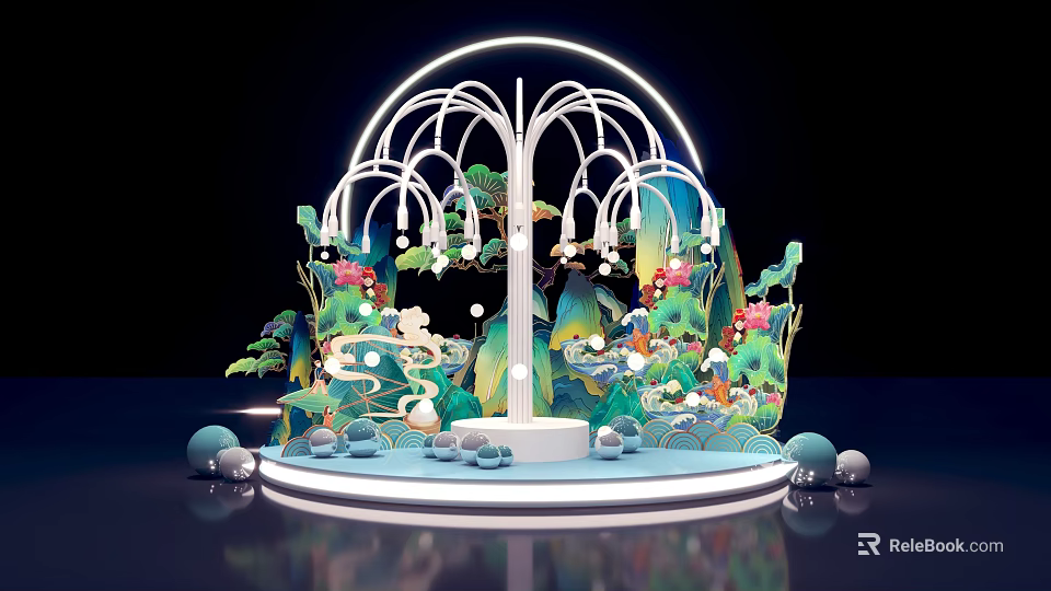Decorative Tree Like Structure With Neon Lights Green Plants Spherical Ornaments On Circular Base 3d model