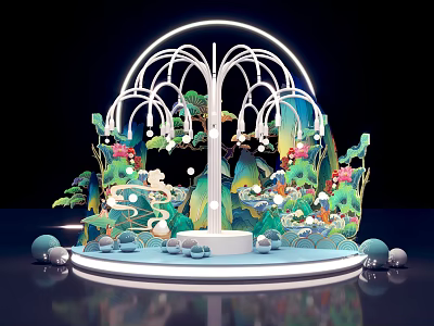 Decorative Tree Like Structure With Neon Lights Green Plants Spherical Ornaments On Circular Base 3d model