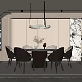Modern Restaurant Interior With Round Dining Table Gray Chairs Hanging Light And Marble Wall