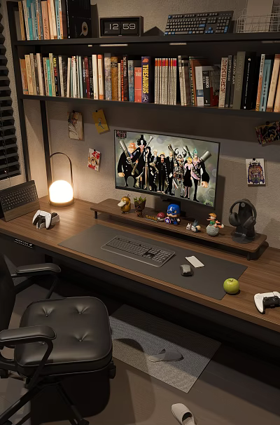 Modern Study Room Interior With Wooden Desk Monitor Table Lamp Figurines Headphones And Posters 3d model