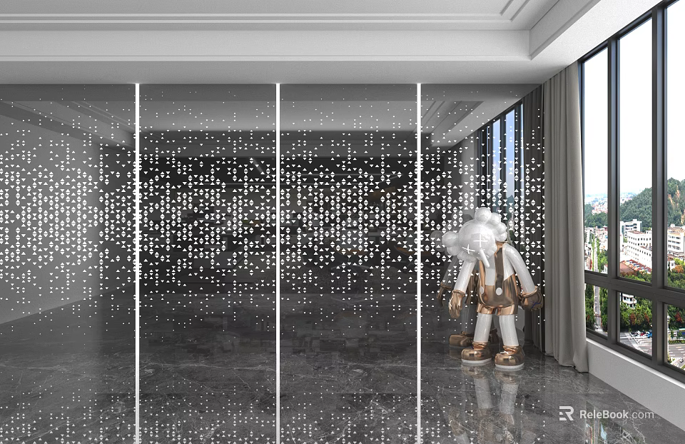 Modern Perforated Wall Panel Design In Interior Space With Decorative Figurine And Marble Floor 3d model 