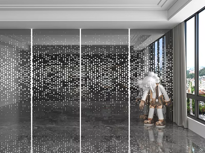 Modern Perforated Wall Panel Design In Interior Space With Decorative Figurine And Marble Floor 3d model