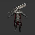 Armored Warrior Character Standing In Silver Armor With Horned Helmet Red Cape And Large Sword