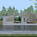 Modern Pergola Surrounded by Trees Over Water Pond With Wooden Structure and Seating Area