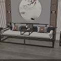 Chinese Traditional Daybed With Round Landscape Painting Wooden Shelves Side Table And Cushions