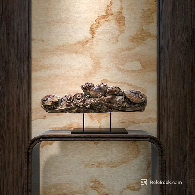 Decorative Ornament Set with Intricate Carved Patterns on Black Metal Stand Against Textured Wall 3d model 