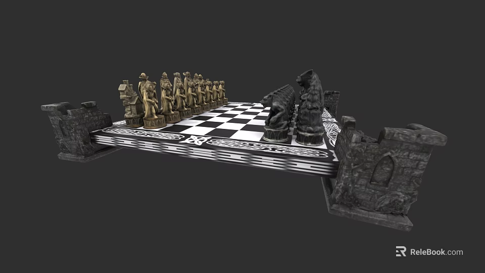 Chess Board Game With Gold And Black Pieces On Castle Themed Checkered Board 3d model 