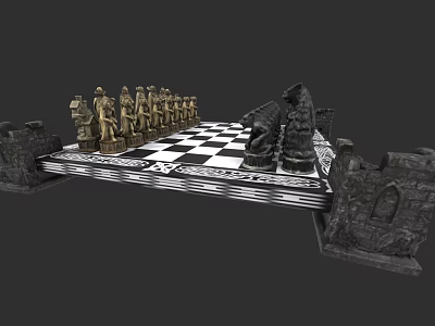 Chess Board Game With Gold And Black Pieces On Castle Themed Checkered Board 3d model