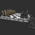 Chess Board Game With Gold And Black Pieces On Castle Themed Checkered Board