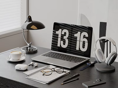 Modern Laptop Workspace With Table Lamp Coffee Cup Headphones And Notebook 3d model