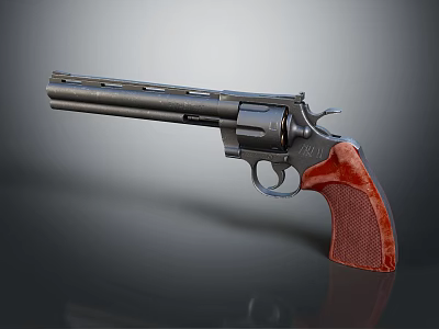 Classic Revolver With Textured Red Grip And Shiny Metal Barrel Design 3d model