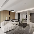 Modern Open Living Dining Space Interior With Light Sofa Coffee Table And Wooden Wall