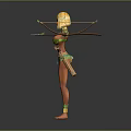 Tribal Female Character In Green Attire With Headpiece Arm Bands And Feather Decorated Tools