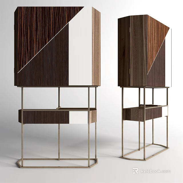 Modern Wooden Chest of Drawers with Metal Frame and White Brown Panel Design 3d model 