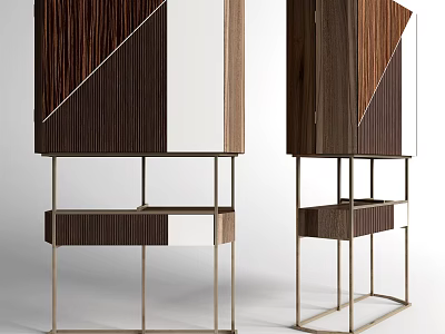 Modern Wooden Chest of Drawers with Metal Frame and White Brown Panel Design 3d model