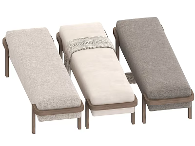 Three Modern Shoe Benches With Fabric Cushions And Wooden Legs In Different Tones 3d model
