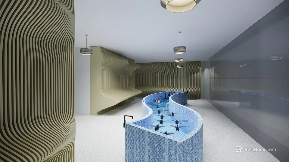 Modern Indoor Space With Wavy Walls Blue Mosaic Pool And Hanging Lights 3d model 