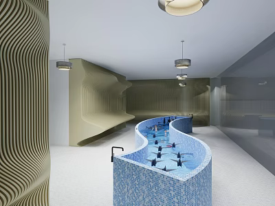 Modern Indoor Space With Wavy Walls Blue Mosaic Pool And Hanging Lights 3d model