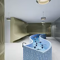Modern Indoor Space With Wavy Walls Blue Mosaic Pool And Hanging Lights