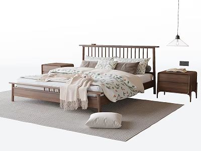 Modern Wooden Double Bed With Cozy Bedding Nightstands And Pendant Light On Soft Rug 3d model