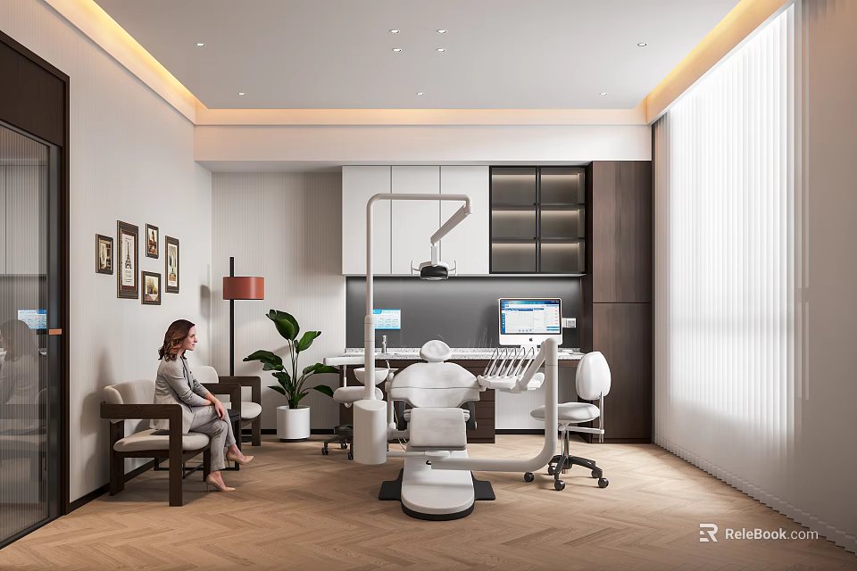 Modern Hospital Clinic Interior With Medical Chair Cabinets Lighting And Plants 3d model 