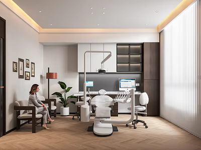 Modern Hospital Clinic Interior With Medical Chair Cabinets Lighting And Plants 3d model