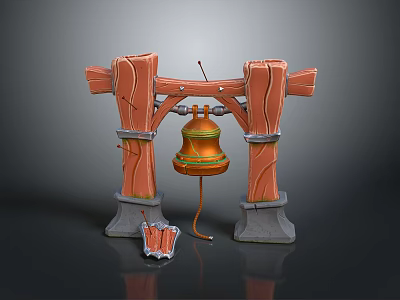 Wooden Pillar Frame Structure With Hanging Golden Bell And Mallet 3d model