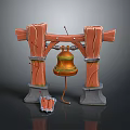 Wooden Pillar Frame Structure With Hanging Golden Bell And Mallet