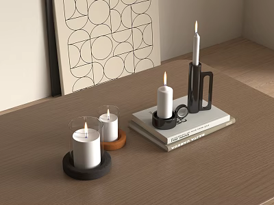 Modern Candle Lamps On Wooden Table With Different Holders Geometric Art And Book 3d model