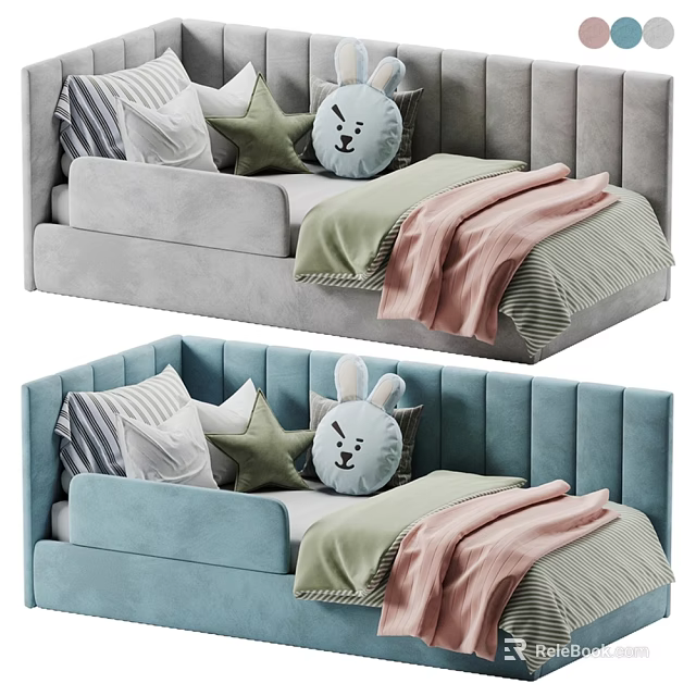 Cozy Kids Bed with Upholstered Headboard Star Rabbit Pillows and Blankets 3d model 
