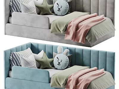 Cozy Kids Bed with Upholstered Headboard Star Rabbit Pillows and Blankets 3d model