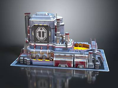 Sci Fi Landscape With Futuristic Industrial Metal Towers Platforms Pipeline Details And T Emblem 3d model