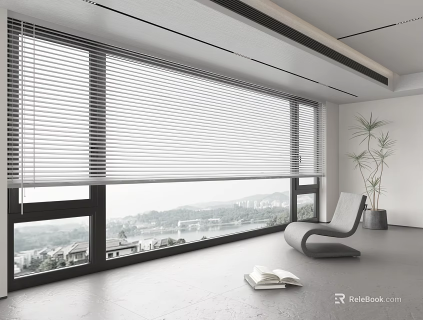 Modern Room Interior With Large Window Blinds And City View Comfortable Chair Plant And Book 3d model 