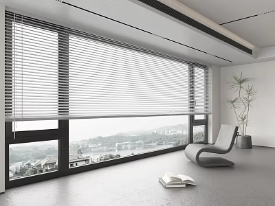 Modern Room Interior With Large Window Blinds And City View Comfortable Chair Plant And Book 3d model