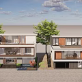 Modern Detached Villa Exterior With Glass Windows Balcony Trees And Courtyard